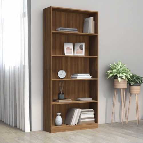 Scaffale Libreria a Parete in Legno Color Rovere e Bianco con 5 Ripiani